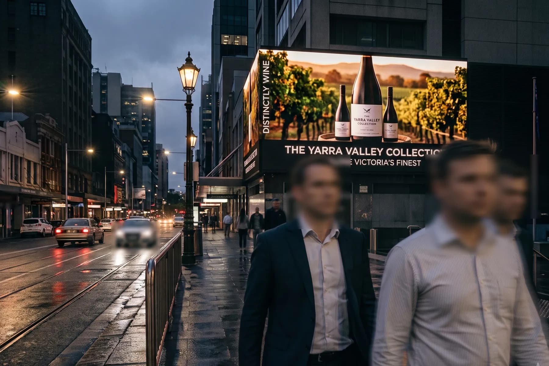 Wet city street at dusk with a large digital billboard above passing foot traffic