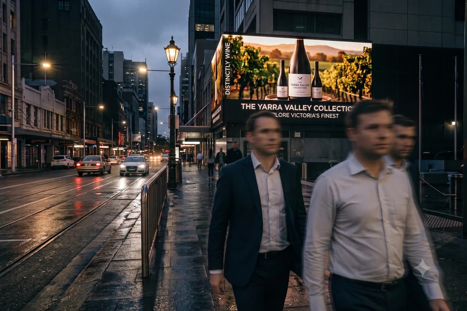 Large format digital billboard on a city building frontage at dusk, with traffic and pedestrians passing