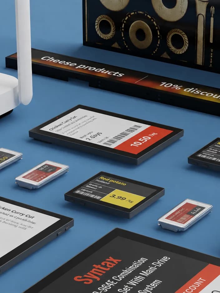 Electronic shelf labels in a range of sizes showing pricing and promotions