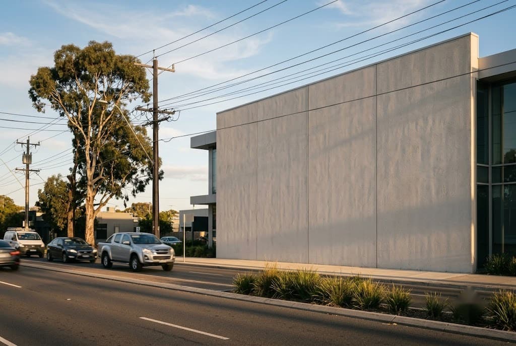 Large blank building wall visible from the road