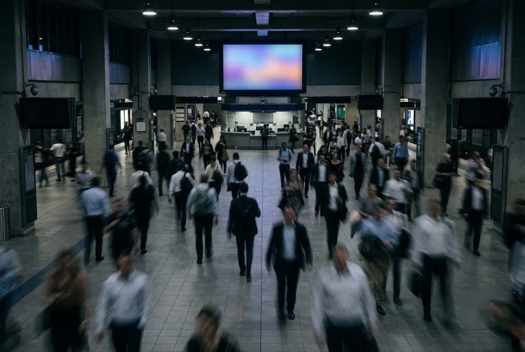 Anonymous crowd moving through a city space with motion blur