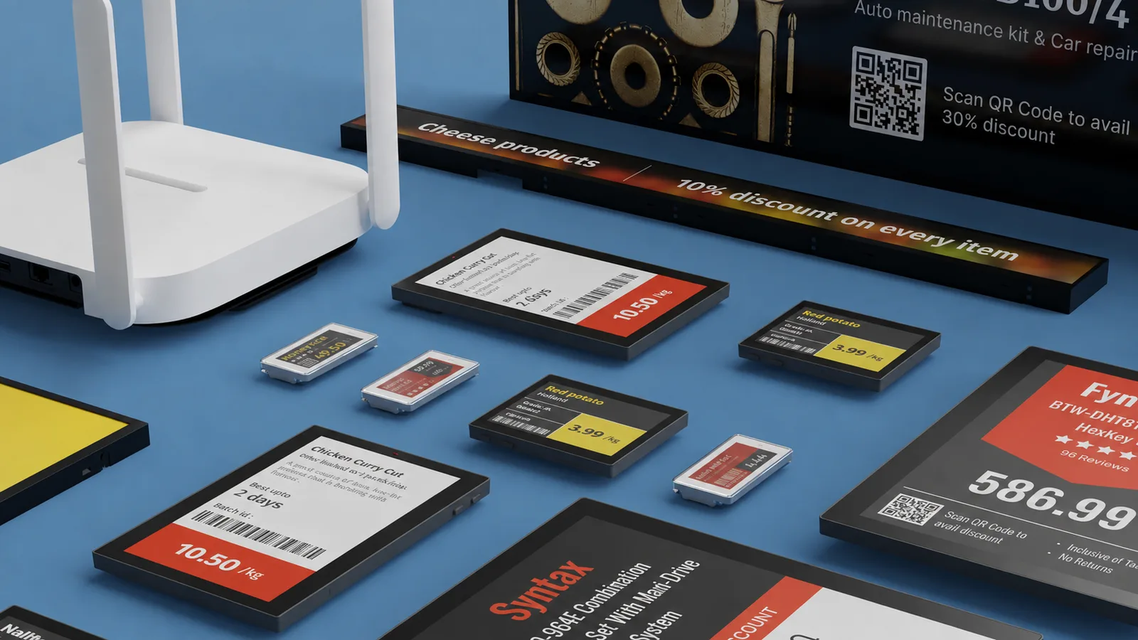 Electronic shelf labels and digital price displays in a range of sizes showing pricing and promotions
