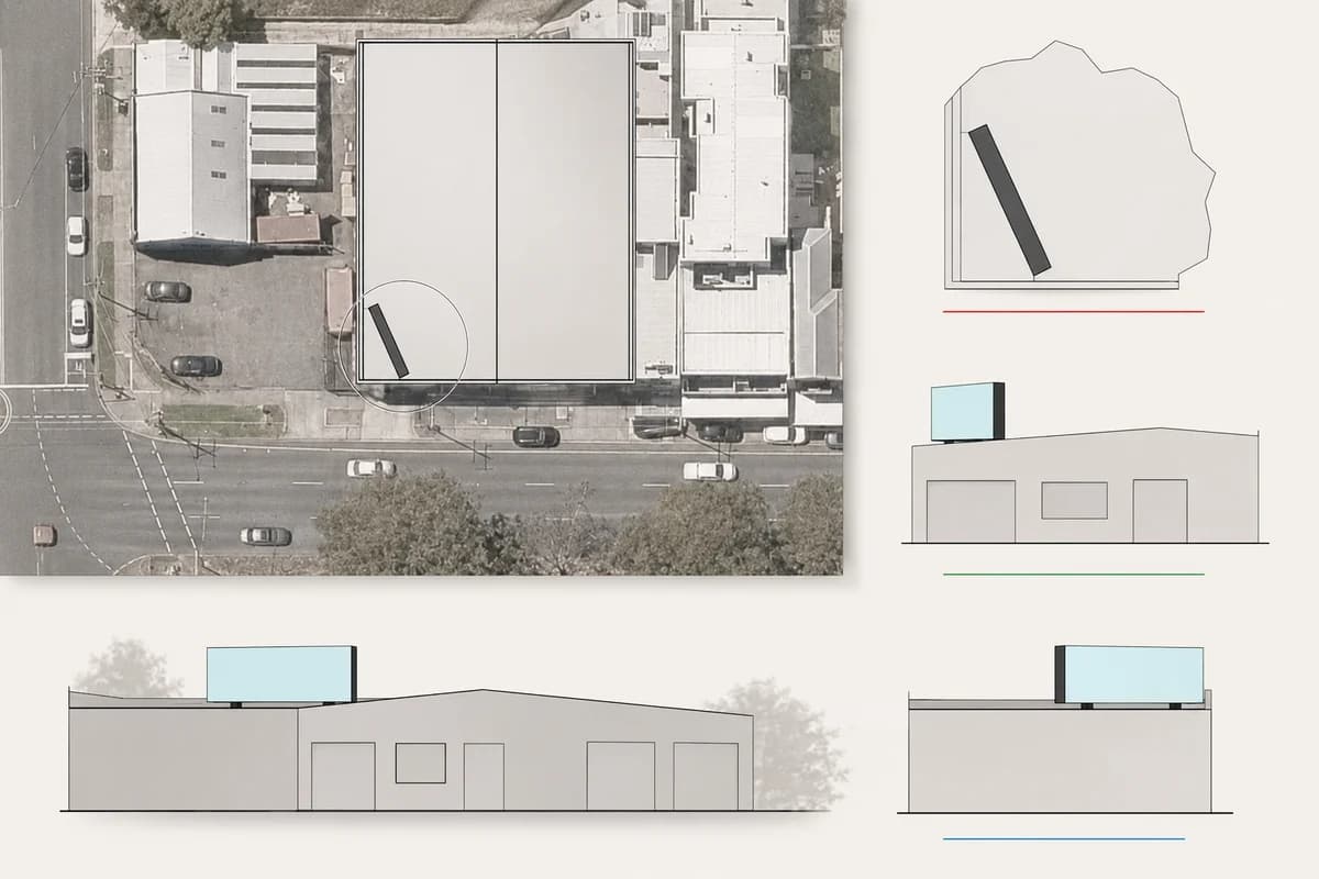 Feasibility drawings for a rooftop digital billboard, showing an aerial site plan with the display footprint marked and elevations from each approach